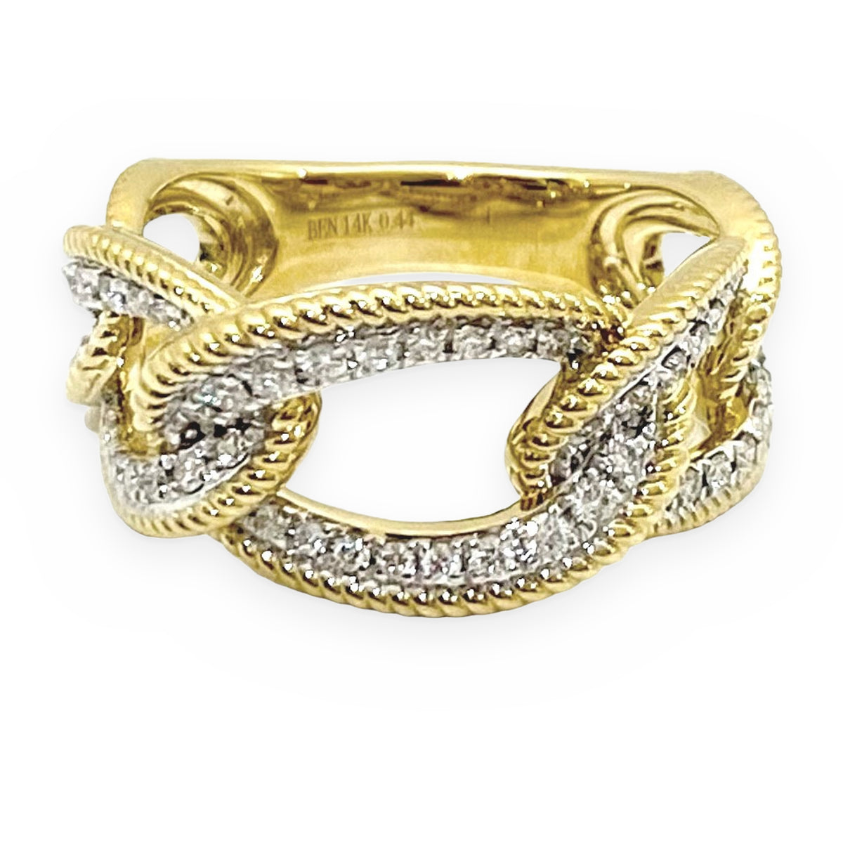 Two-tone gold rope-edged diamond link band, engraved BFN 14K 0.44