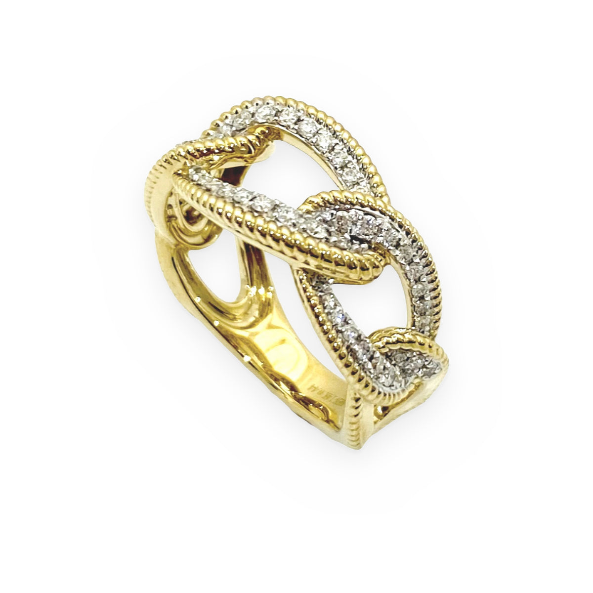 Two-tone gold rope-edged diamond link ring, angled view