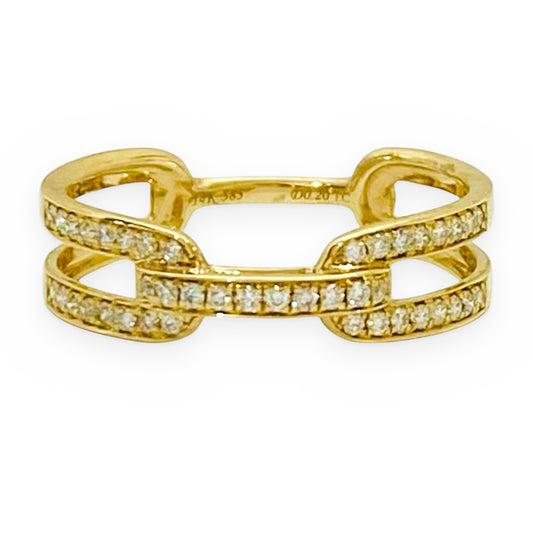 14K yellow gold ring with two vertical blue topaz baguette bars and diamonds