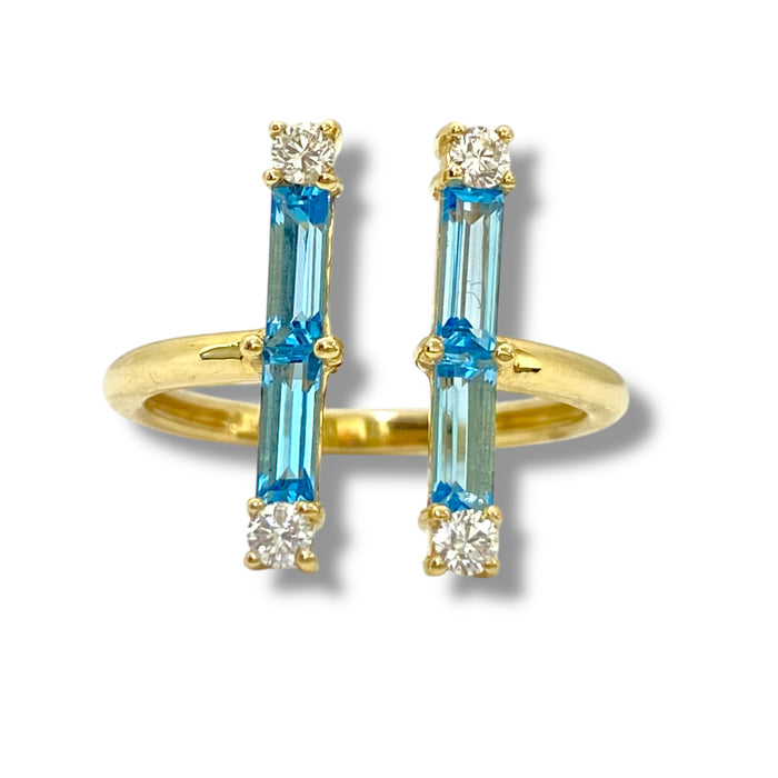 14K Yellow Gold Blue Topaz & Diamond Open Ring