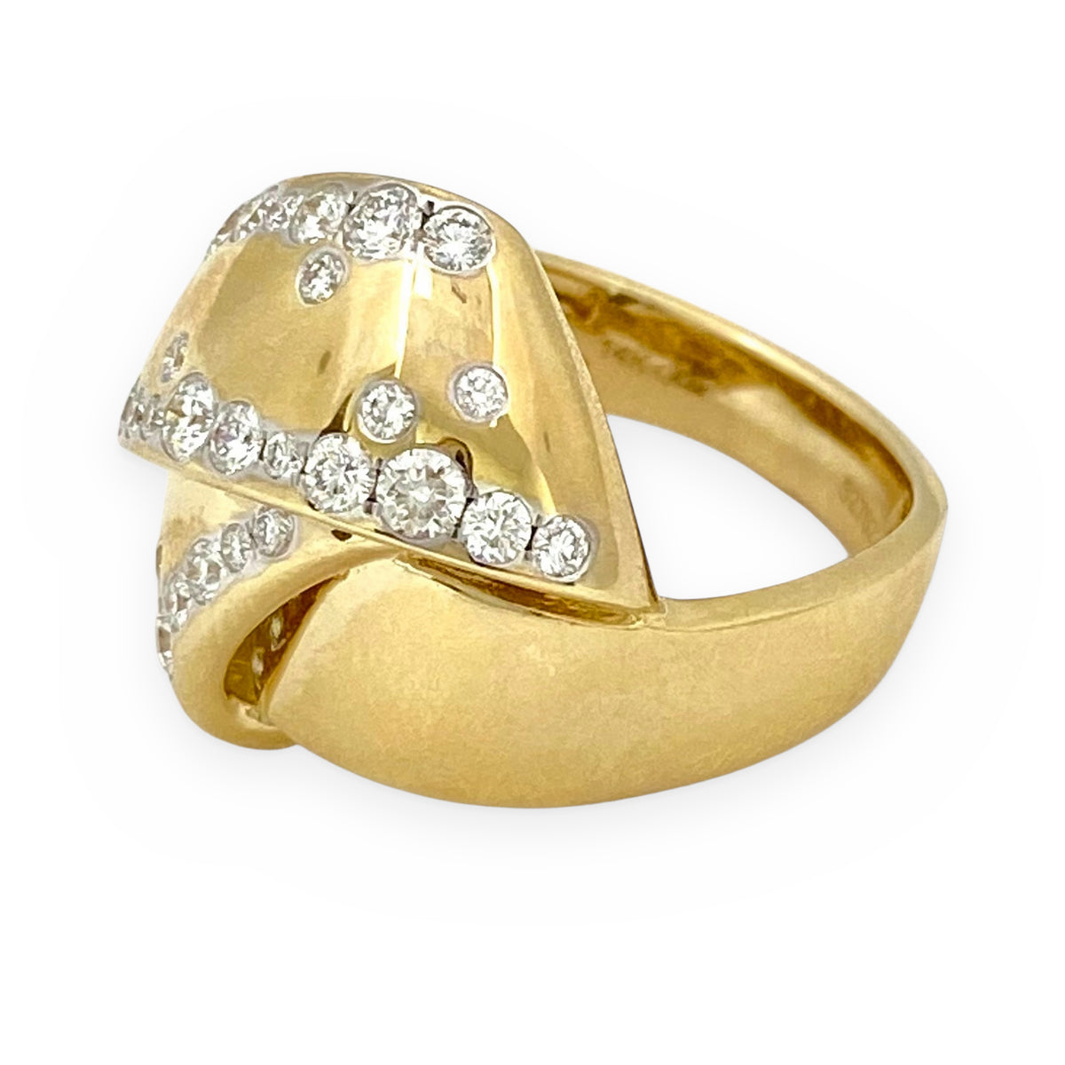 Yellow gold satin dome ring with diamond wave accents, angled