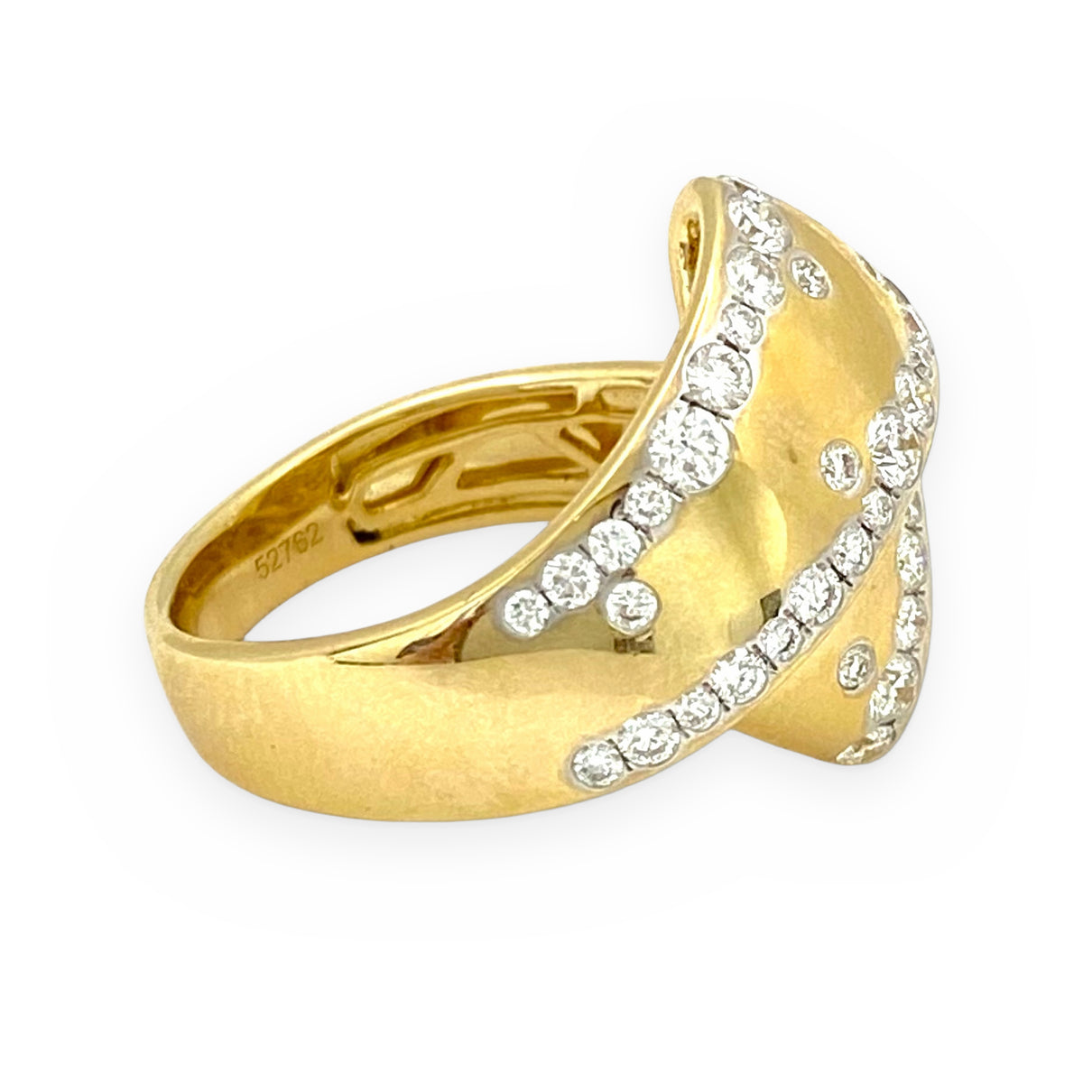 Yellow gold diamond wave dome ring, side view engraved 52762