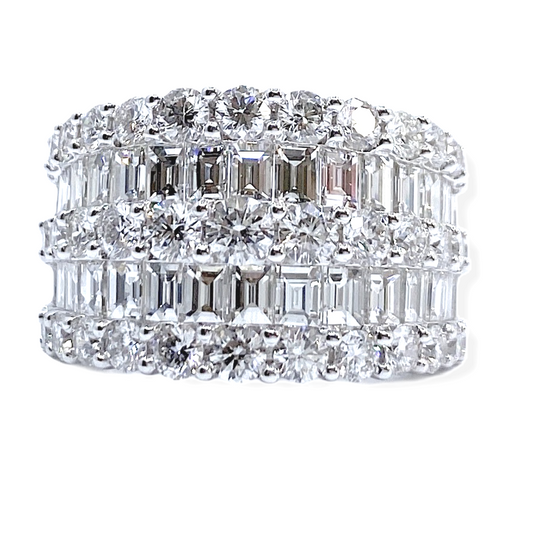 White gold wide band with emerald-cut center row and double round diamond edges