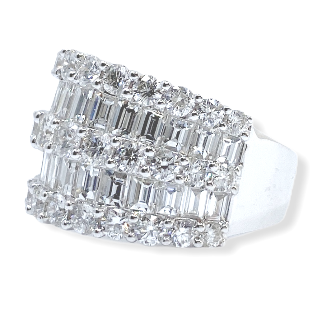 White gold baguette and round diamond wide band, angled view
