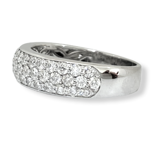 White gold three-row pave diamond band with filigree gallery, angled