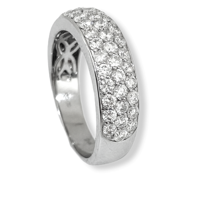 White gold pave diamond dome band with filigree gallery, angled view