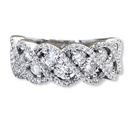 White gold braided diamond band with halo clusters, face-up