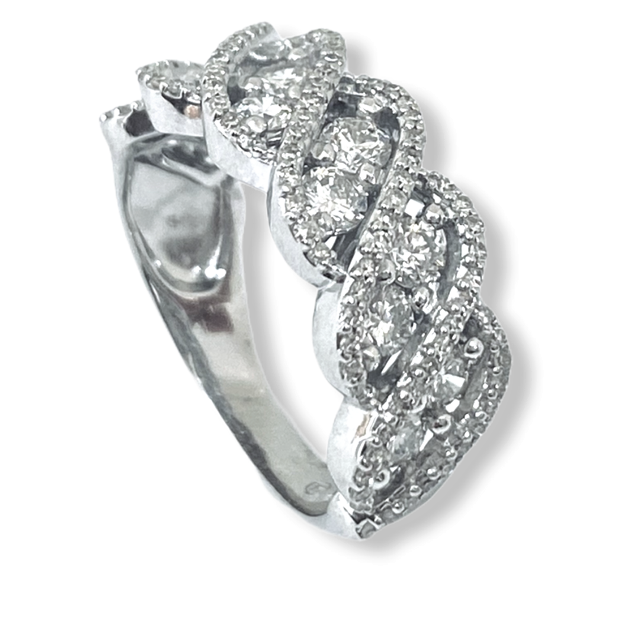 White gold braided diamond band with halo-framed clusters, angled