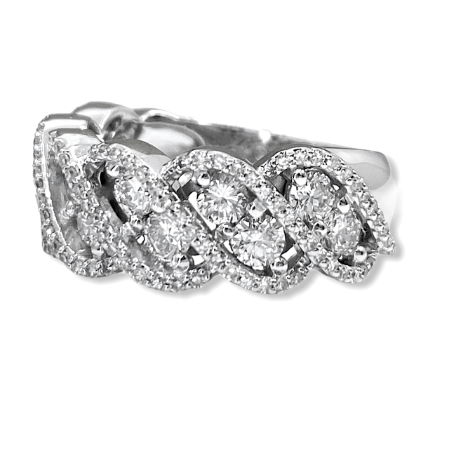 White gold braided halo diamond band, angled view