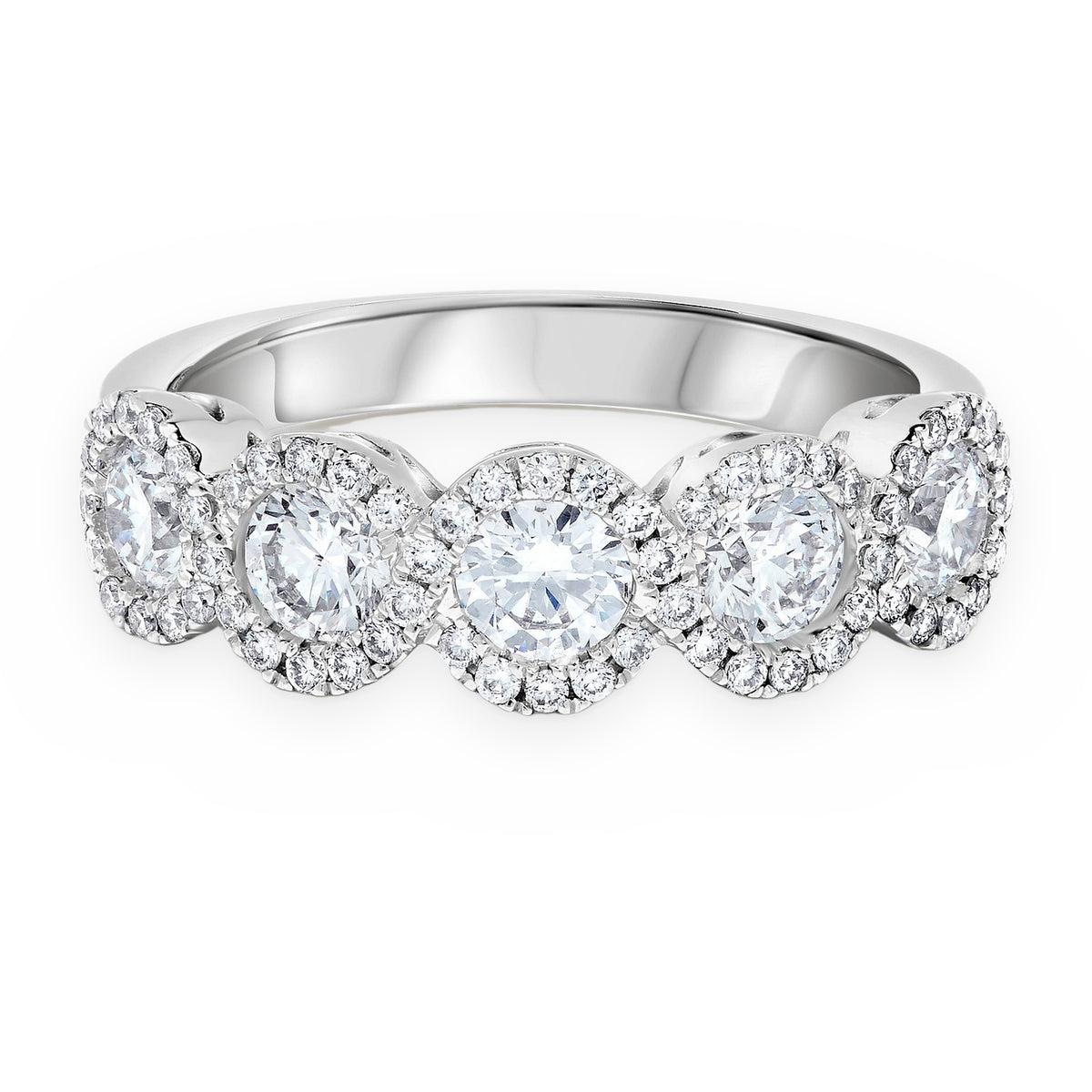 White gold five-stone round diamond halo band ring