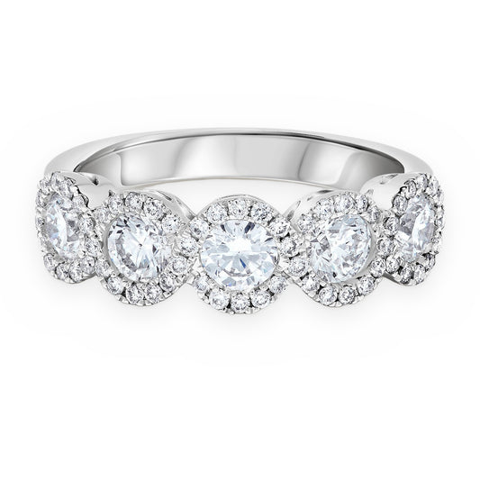 White gold five-stone round diamond halo band ring
