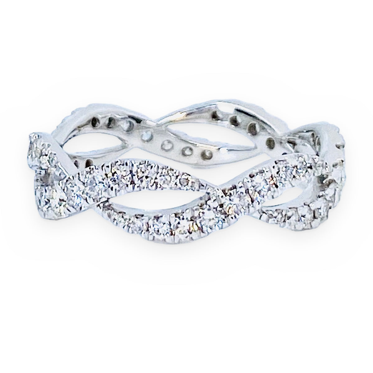 White gold twisted infinity pave diamond eternity band
