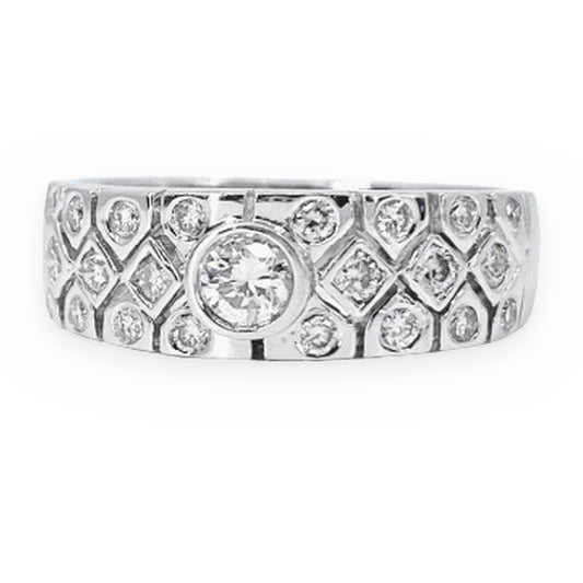 White gold wide band with bezel center diamond and lattice diamond pattern