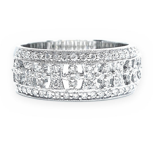 White gold diamond band with openwork pattern framed by pave diamond edges