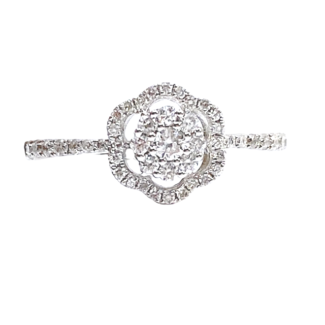White gold diamond cluster flower ring with a scalloped diamond halo