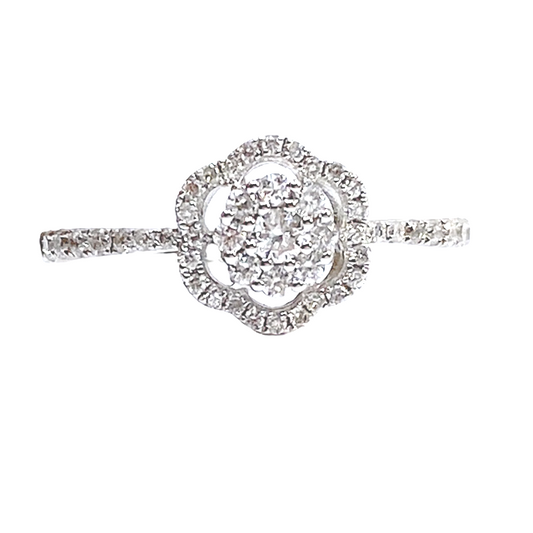 White gold diamond cluster flower ring with a scalloped diamond halo