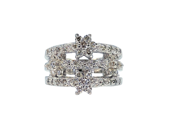 White gold three-row diamond ring with two diamond star flower motifs