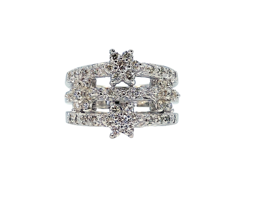 White gold three-row diamond ring with two diamond star flower motifs