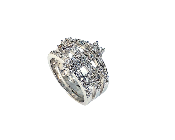 Angled view of a white gold multi-row diamond ring with star flower clusters