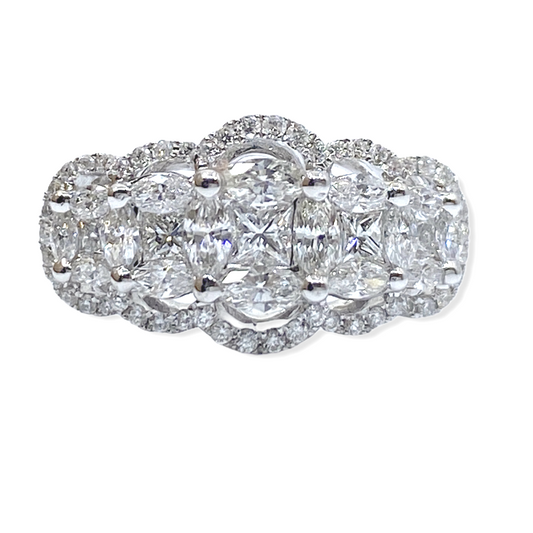 White gold anniversary band with fancy-shaped diamonds in a scalloped diamond halo