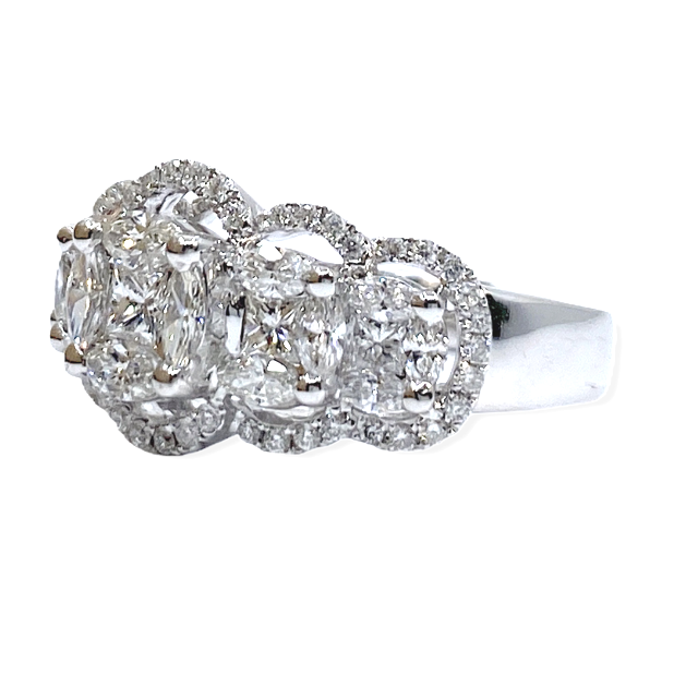 Angled view of a white gold fancy-shaped diamond band with scalloped halos