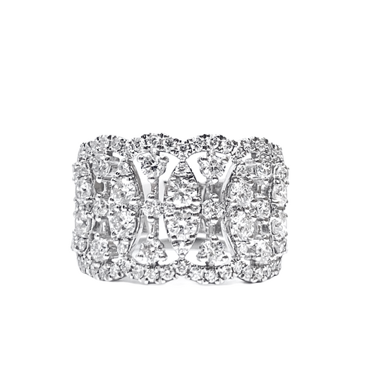 White gold wide filigree band with rows of diamonds in a scalloped openwork pattern