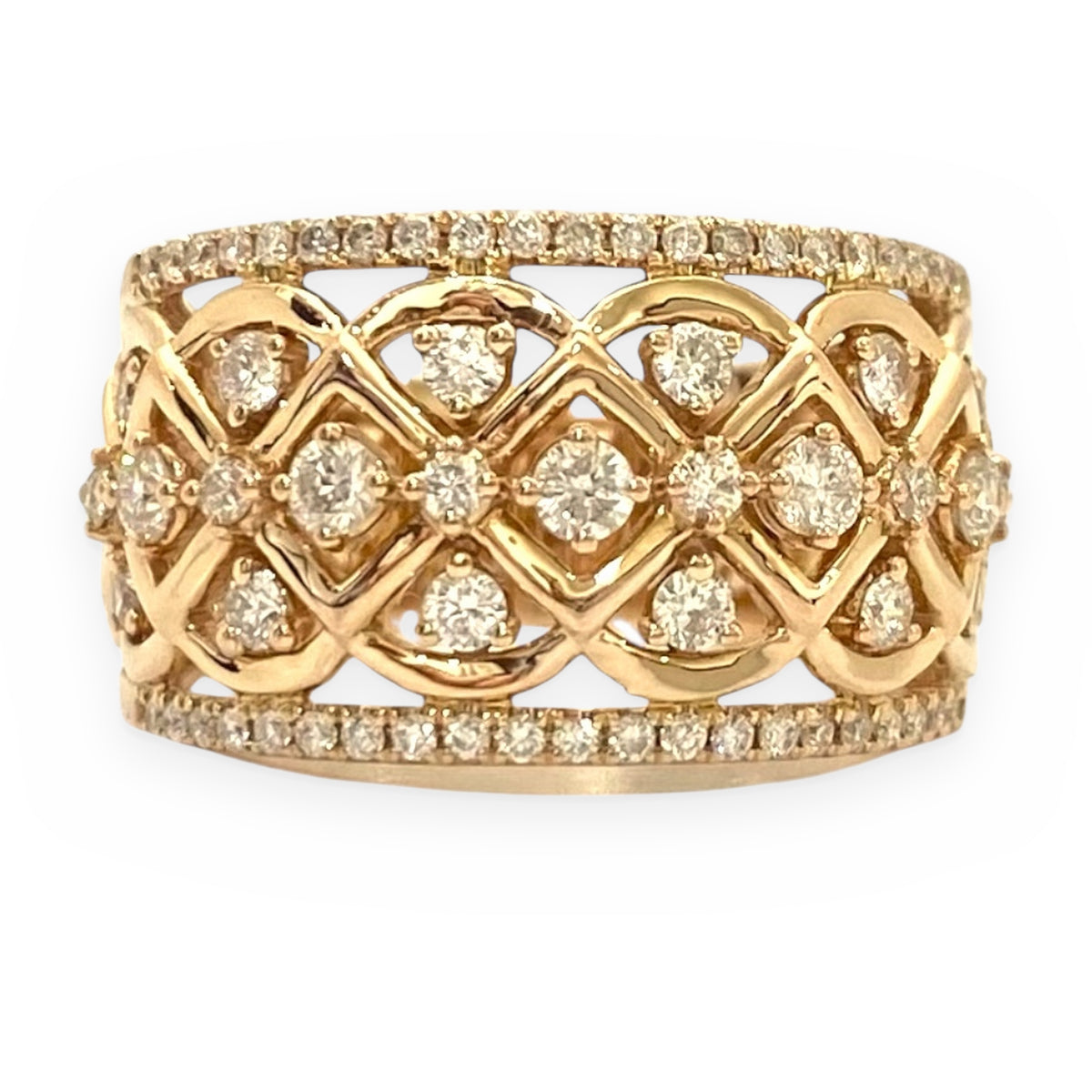 Rose gold wide band with a diamond lattice openwork pattern and pave edges
