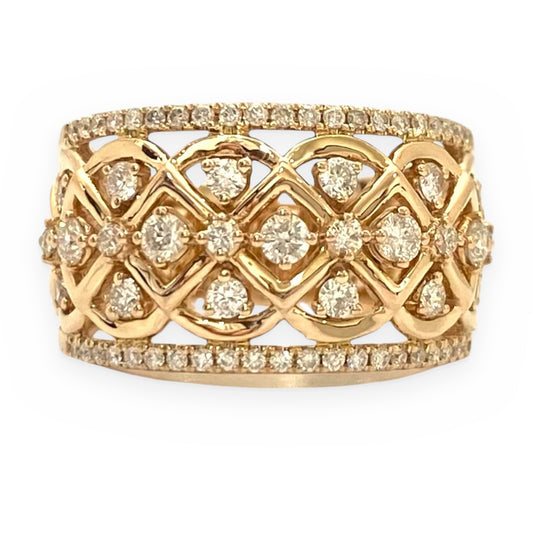 Rose gold wide band with a diamond lattice openwork pattern and pave edges