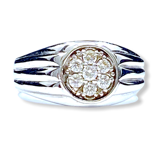 Rose gold round diamond halo engagement ring with a diamond-set band