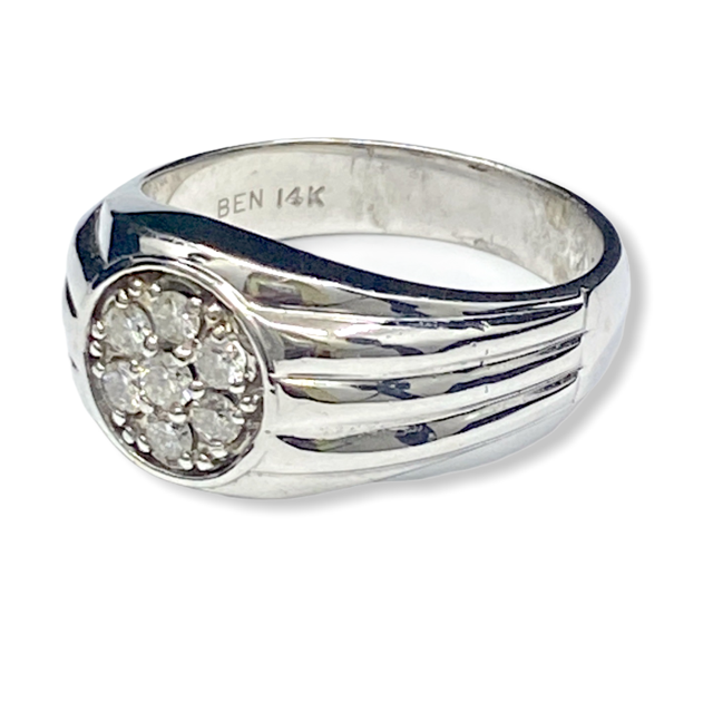 Profile of a rose gold halo engagement ring mounting with empty center and openwork gallery