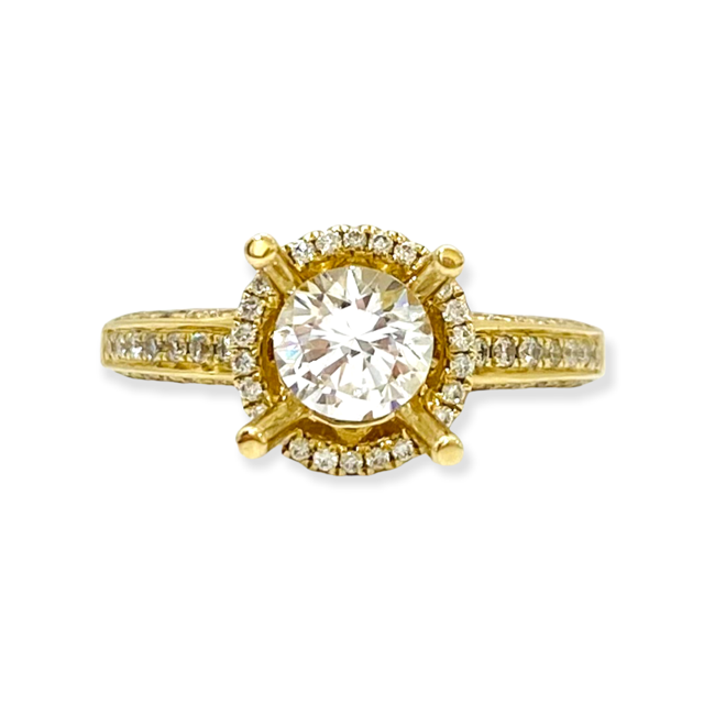 Angled view of a white gold men's ring with an octagonal pave diamond face