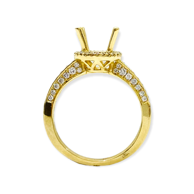 Angled view of a rose gold round halo diamond ring semi-mount marked 585
