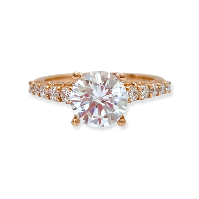 Yellow gold round diamond halo ring semi-mount with a pave diamond band