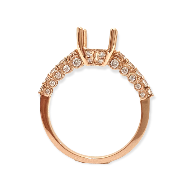 Angled view of a yellow gold halo diamond ring semi-mount with double-row band