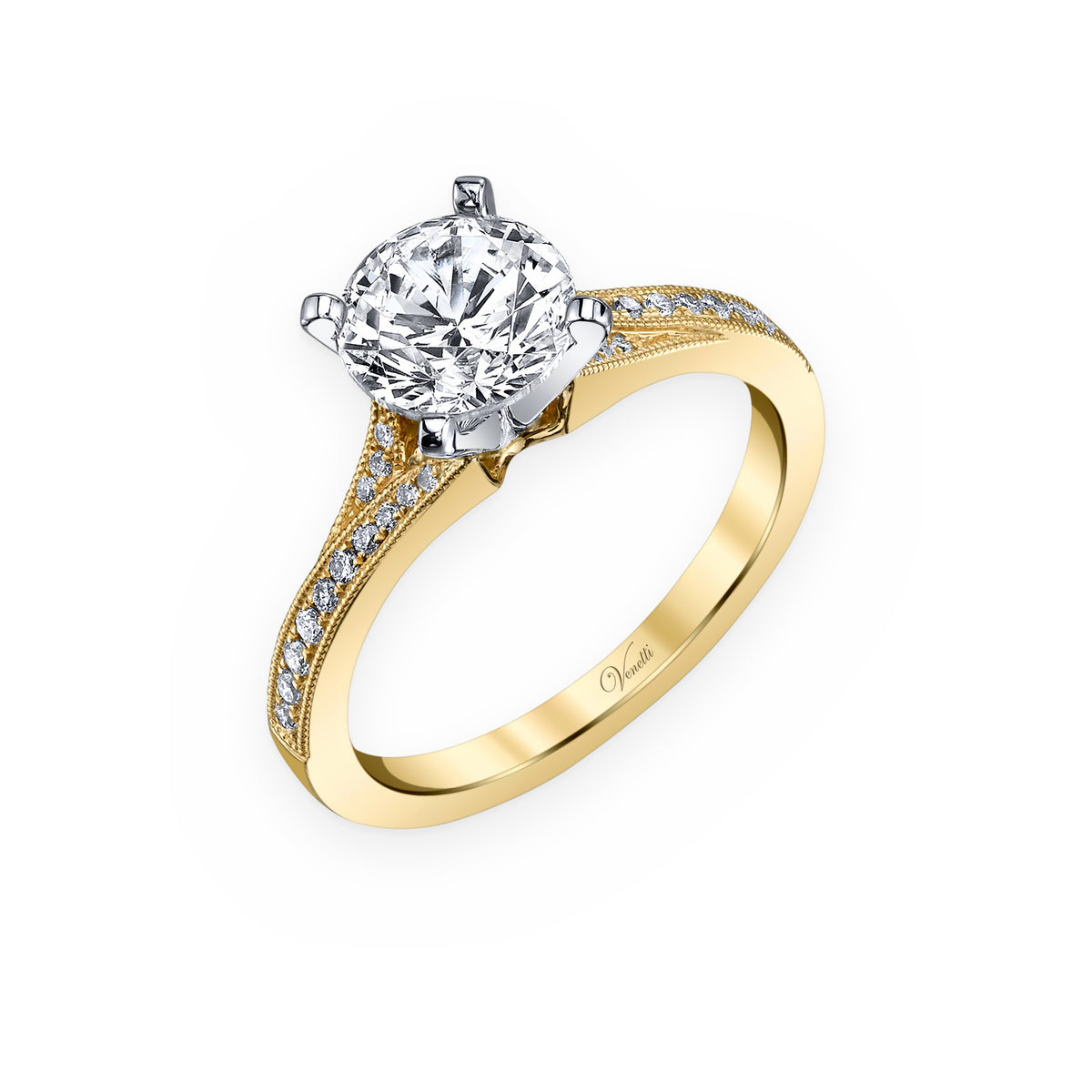 Two-tone yellow and white gold solitaire engagement ring with a round diamond and milgrain band