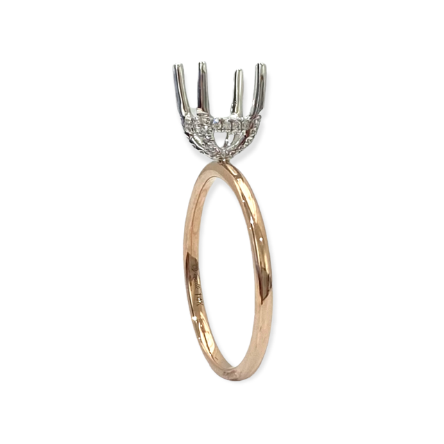 Front profile of a two-tone rose and white gold solitaire ring semi-mount with empty head
