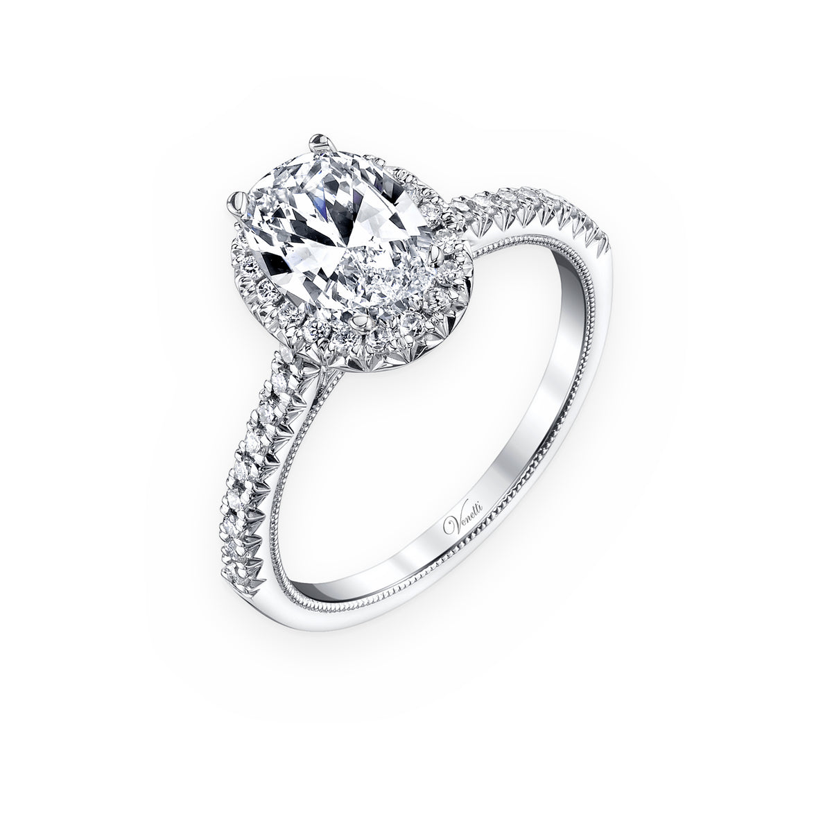 White gold vintage-style diamond ring with a round center stone in a cushion filigree halo