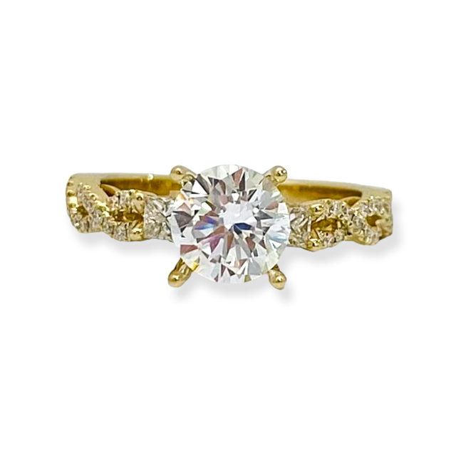 Yellow gold diamond engagement ring with round center stone and diamond-set twisted band