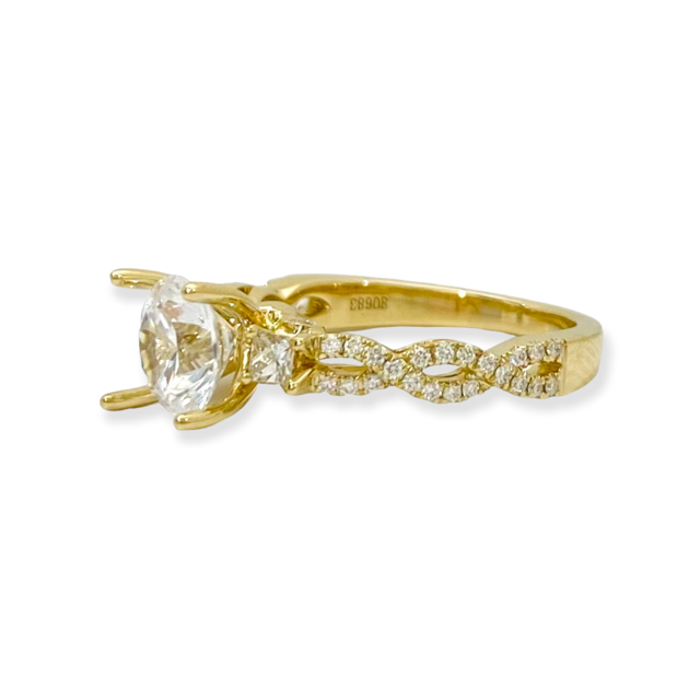 Yellow gold diamond engagement ring semi-mount profile view showing twisted diamond band and stock number 30693