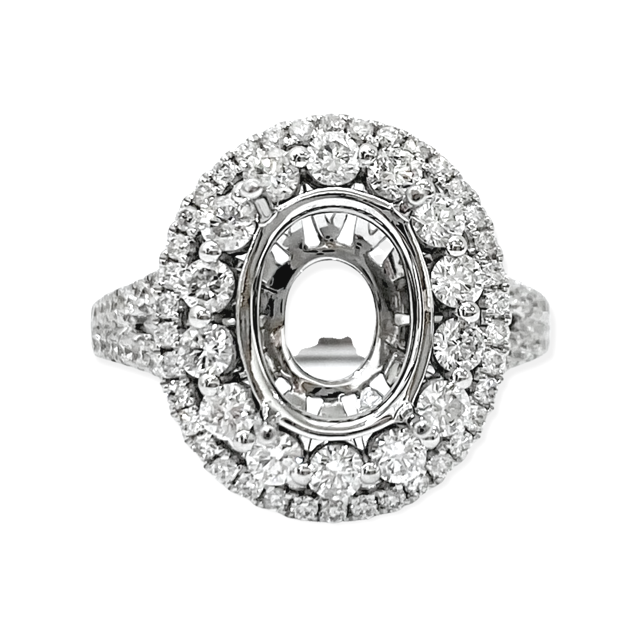 White gold oval double-halo diamond engagement ring semi-mount with pave split shank