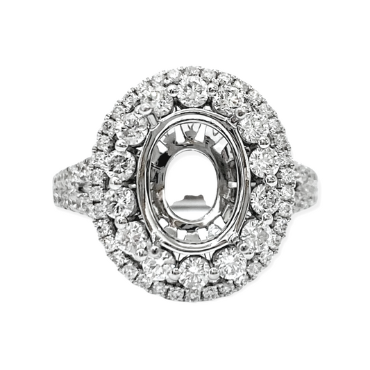White gold oval double-halo diamond engagement ring semi-mount with pave split shank