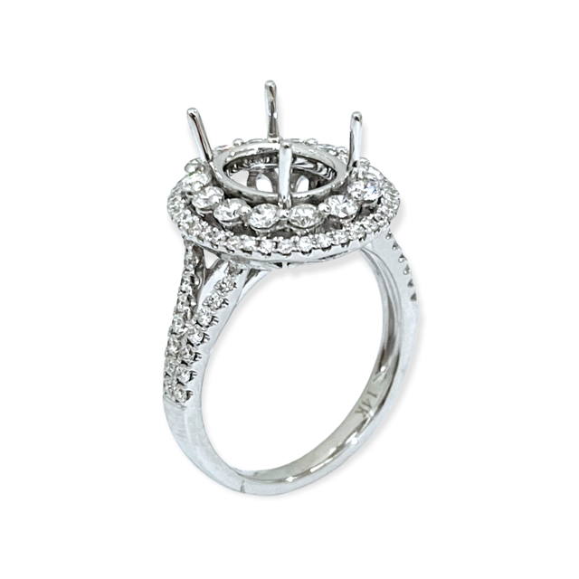 White gold oval double-halo diamond engagement ring semi-mount, three-quarter view, marked 14K