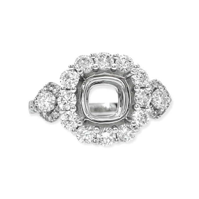 White gold cushion halo diamond engagement ring semi-mount with cluster shoulders