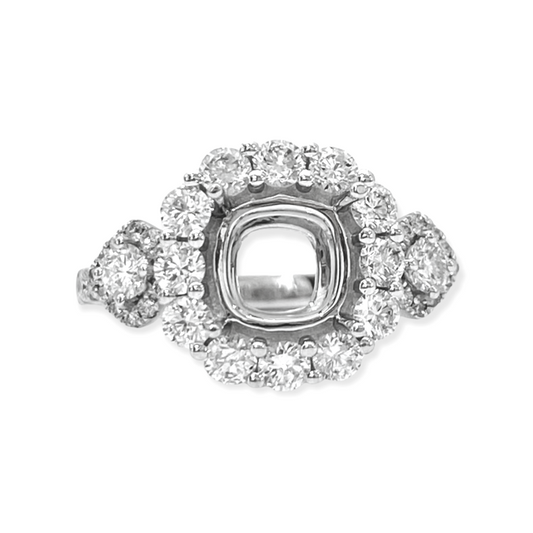 White gold cushion halo diamond engagement ring semi-mount with cluster shoulders