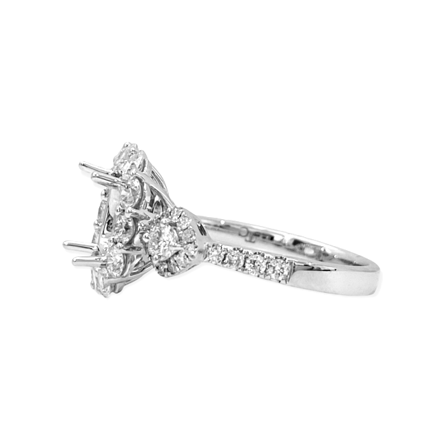 White gold cushion halo diamond engagement ring semi-mount, three-quarter view with empty center