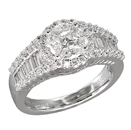 White gold marquise-illusion diamond cluster ring with baguette accents, stock number 25160
