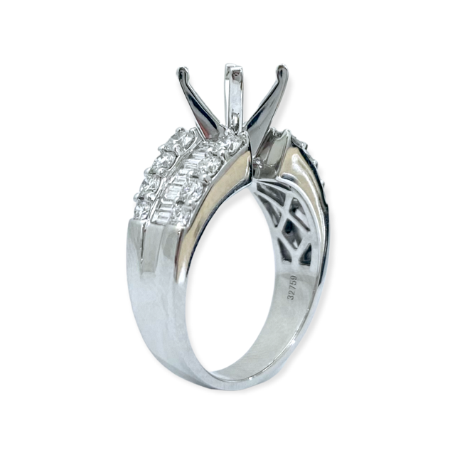 White gold diamond engagement ring semi-mount three-quarter view with baguette shoulders, stock number 32759