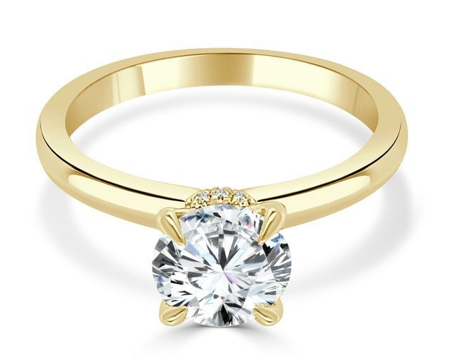 18K yellow gold round diamond solitaire engagement ring with hidden accent diamonds under the head
