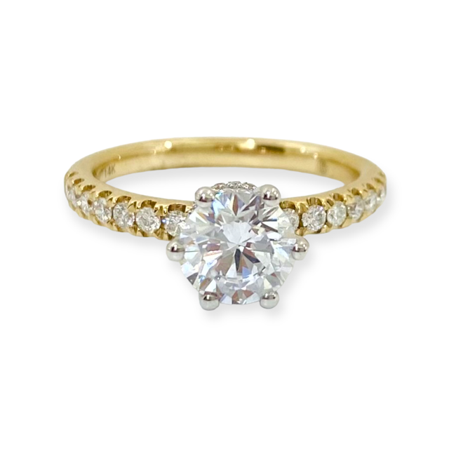 14K yellow gold six-prong round diamond engagement ring with diamond-set band