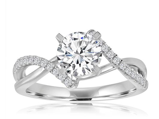 White gold round diamond engagement ring with bypass twist pave shank